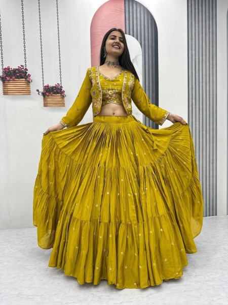 Mustard Big Flair Lehenga Set with Cancan and Jacket Luxury 3 Piece Celebration Outfit Designer Lehenga Choli