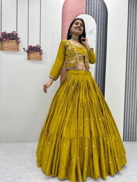 Mustard Big Flair Lehenga Set with Cancan and Jacket Luxury 3 Piece Celebration Outfit Designer Lehenga Choli