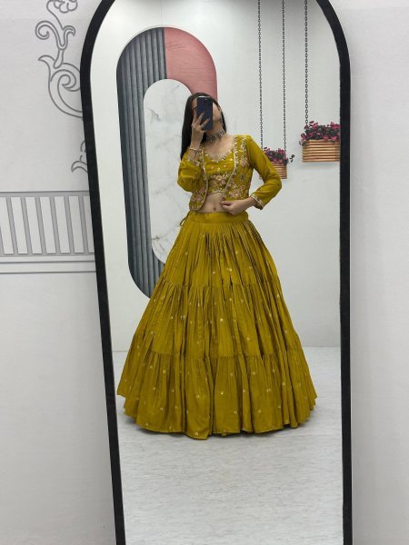 Mustard Big Flair Lehenga Set with Cancan and Jacket Luxury 3 Piece Celebration Outfit Designer Lehenga Choli