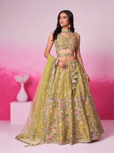 Mustard Bridal Net Lehenga Mirror  Moti &Thread Work with Tassel Belt Semi Stitched Export Design for Dealers  Bridal Lehenga Choli