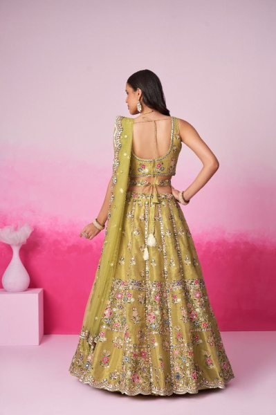 Mustard Bridal Net Lehenga Mirror  Moti &Thread Work with Tassel Belt Semi Stitched Export Design for Dealers  Bridal Lehenga Choli