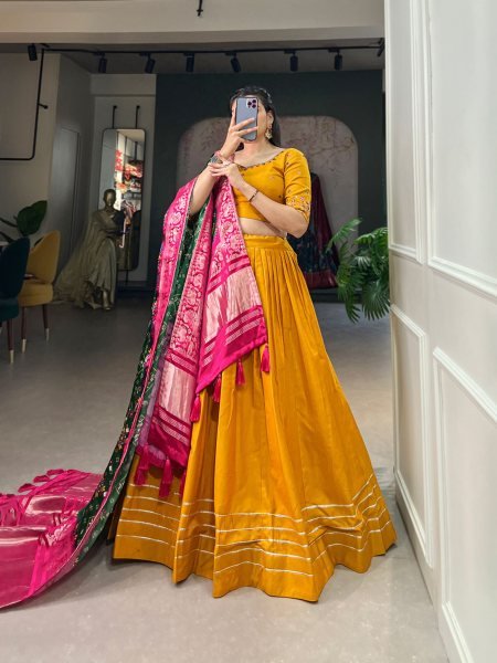 Mustard Color Pure Cotton Lehenga   Gaji Silk Dupatta Set with Gota   Mirrorwork 