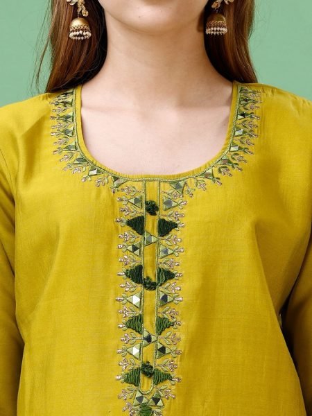 Mustard Gold Chanderi Suit with Mirror Work & Zari Dupatta Festive Ready Statement Set 3 Piece Kurti Set