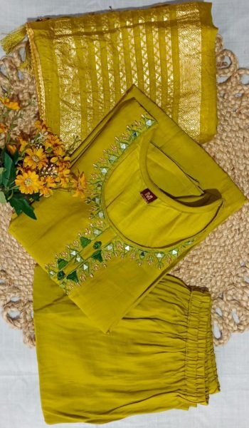 Mustard Gold Chanderi Suit with Mirror Work & Zari Dupatta Festive Ready Statement Set 3 Piece Kurti Set