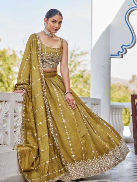 Mustard Gold Silk Lehenga with Sequin Embroidery Royal Look for Wedding & Festive Events