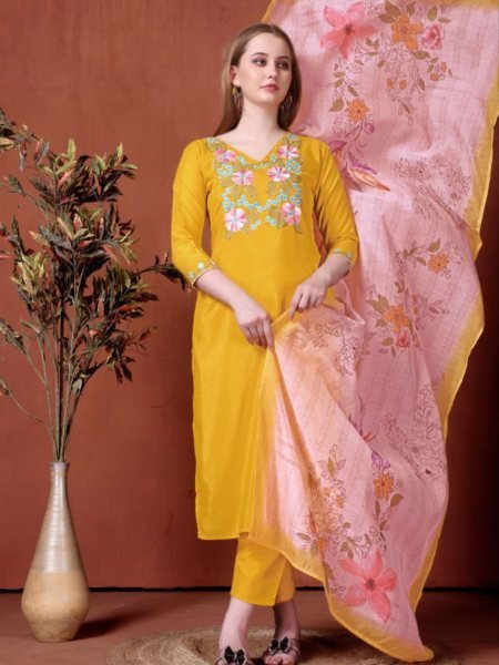 Mustard Rayon Suit Set with Chanderi Dupatta Elegant 3 Piece Festive Wear 3 Piece Kurti Set