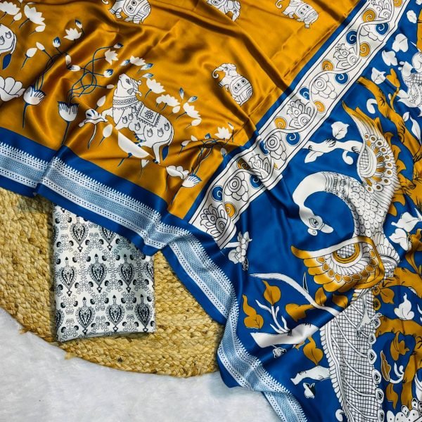 mustard satin printed saree with handcrafted look premium wholesale deal Printed Cotton Sarees Wholesale