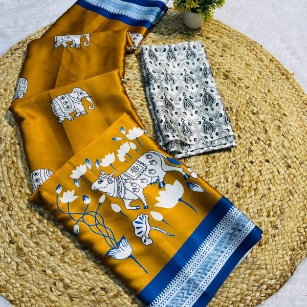mustard satin printed saree with handcrafted look premium wholesale deal Printed Cotton Sarees Wholesale