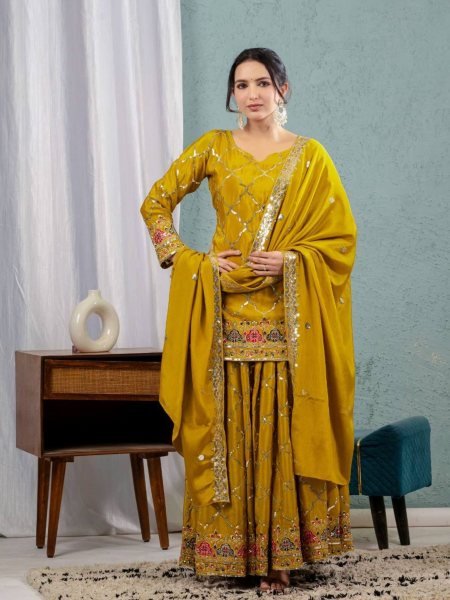 Mustard Yellow Chinon Sharara Set with Mirror and Sequin Embroidery Festive Wear 