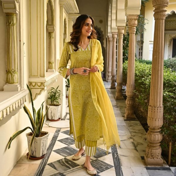 Mustard Yellow Cotton Kurti Pant With Dupatta  3 Piece Kurti Set
