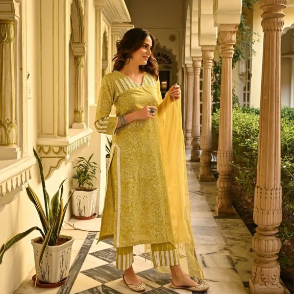 Mustard Yellow Cotton Kurti Pant With Dupatta  3 Piece Kurti Set