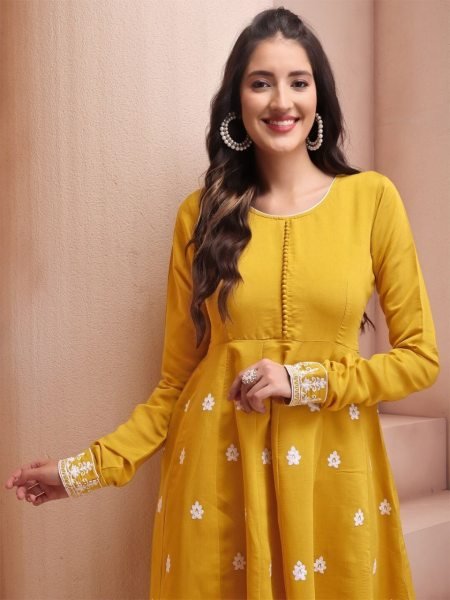 MUSTARD YELLOW EMBROIDERED CHANDERI COTTON ANARKALI KURTA 3 Piece Kurti Set