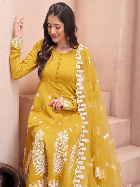 MUSTARD YELLOW EMBROIDERED CHANDERI COTTON ANARKALI KURTA 3 Piece Kurti Set