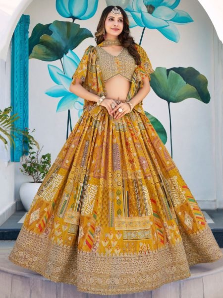 Mustard Yellow Embroidered Chinon Silk Lehenga Choli With Chiffon Choker style dupatta Bulk Buy for Resellers