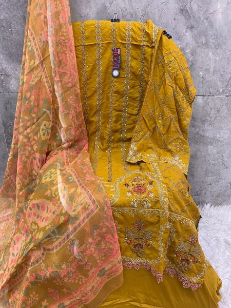 Mustard Yellow Heavy Rayon Suits With Chiffon Print Dupatta Pakistani Suits Wholesale