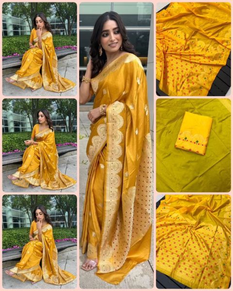 Mustard Yellow Jacquard Silk Saree: Wedding Elegance at Wholesale Price South Indian Saree 