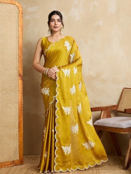 Mustard Yellow Rangoli Silk Saree with Sequin Embroidery   Cutwork Border for Festive Wear Silk Sarees Wholesale