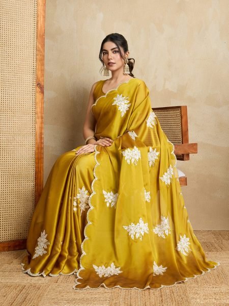 Mustard Yellow Rangoli Silk Saree with Sequin Embroidery   Cutwork Border for Festive Wear Silk Sarees Wholesale