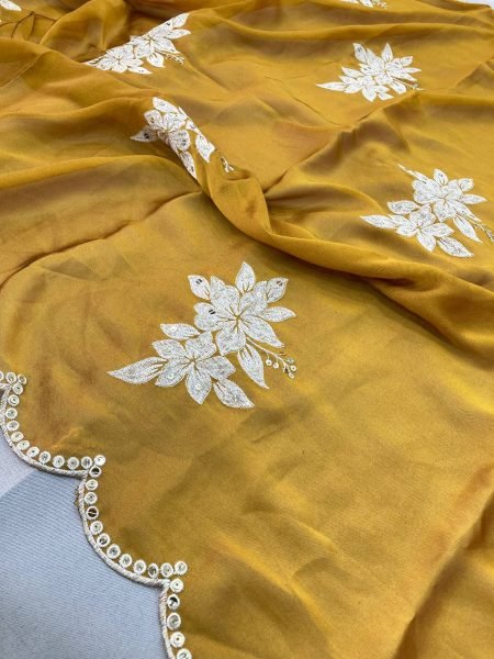Mustard Yellow Rangoli Silk Saree with Sequin Embroidery   Cutwork Border for Festive Wear Silk Sarees Wholesale