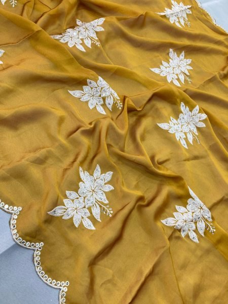 Mustard Yellow Rangoli Silk Saree with Sequin Embroidery   Cutwork Border for Festive Wear Silk Sarees Wholesale