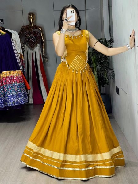 Mustard Yellow Rayon Cotton Flared Lehenga with Fancy Zigzag Patti Top Ready-to-Wear for Navratri Navratri Lehnega Choli