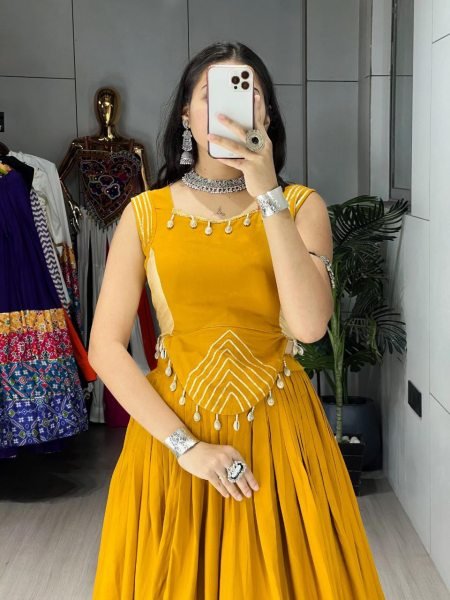 Mustard Yellow Rayon Cotton Flared Lehenga with Fancy Zigzag Patti Top Ready-to-Wear for Navratri Navratri Lehnega Choli