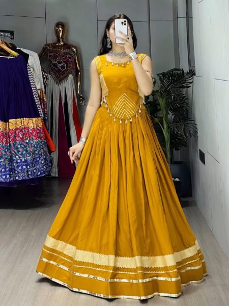 Mustard Yellow Rayon Cotton Flared Lehenga with Fancy Zigzag Patti Top Ready-to-Wear for Navratri Navratri Lehnega Choli
