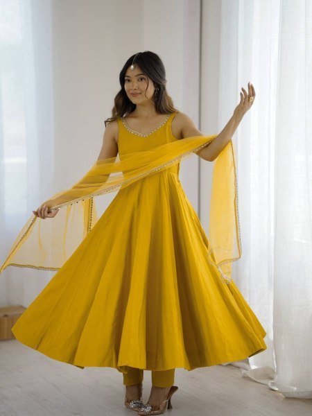 Mustard Yellow Romansilk Chanderi Anarkali Dress with Dupatta and Pant Ideal for Day Celebrations Kurtis