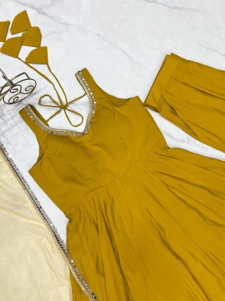 Mustard Yellow Romansilk Chanderi Anarkali Dress with Dupatta and Pant Ideal for Day Celebrations Anarkali Kurtis 