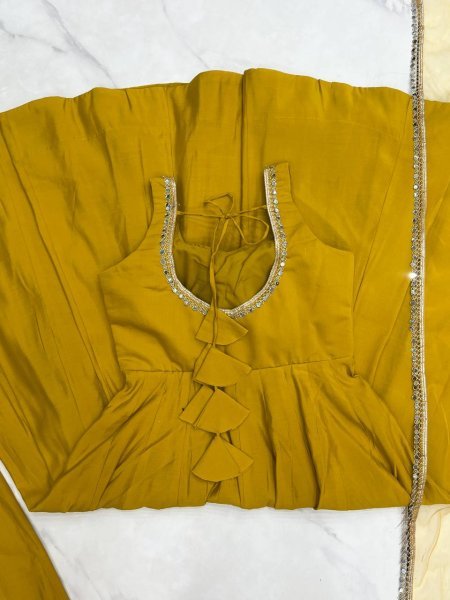 Mustard Yellow Romansilk Chanderi Anarkali Dress with Dupatta and Pant Ideal for Day Celebrations Anarkali Kurtis 