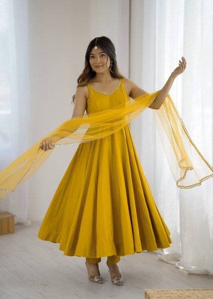 Mustard Yellow Romansilk Chanderi Anarkali Dress with Dupatta and Pant Ideal for Day Celebrations Anarkali Kurtis 