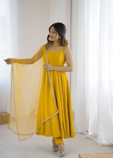 Mustard Yellow Romansilk Chanderi Anarkali Dress with Dupatta and Pant Ideal for Day Celebrations Anarkali Kurtis 