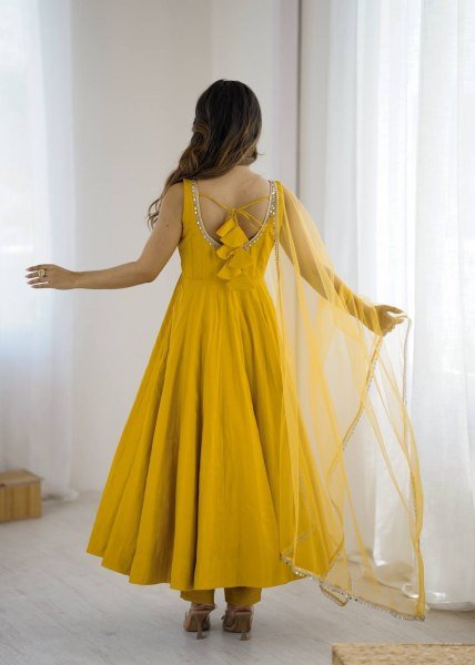Mustard Yellow Romansilk Chanderi Anarkali Dress with Dupatta and Pant Ideal for Day Celebrations Anarkali Kurtis 