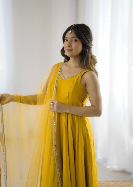 Mustard Yellow Romansilk Chanderi Anarkali Dress with Dupatta and Pant Ideal for Day Celebrations Anarkali Kurtis 