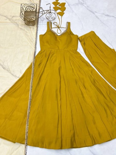 Mustard Yellow Romansilk Chanderi Anarkali Dress with Dupatta and Pant Ideal for Day Celebrations Anarkali Kurtis 