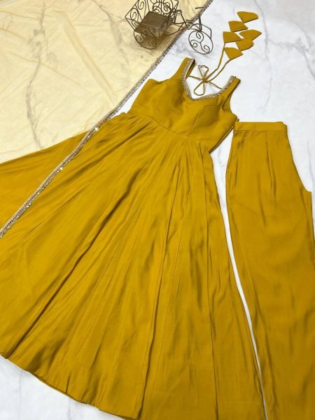 Mustard Yellow Romansilk Chanderi Anarkali Dress with Dupatta and Pant Ideal for Day Celebrations Anarkali Kurtis 