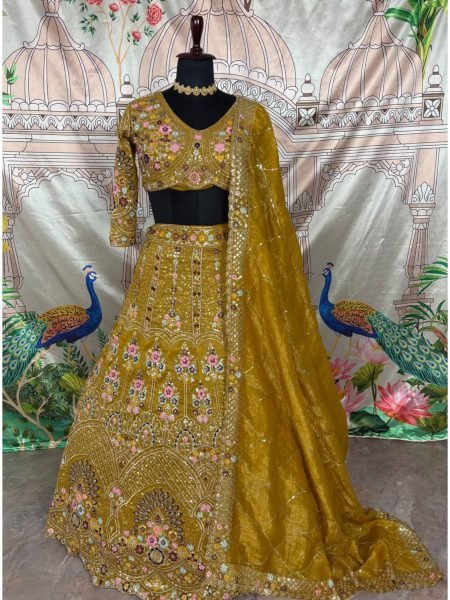 Mustard Yellow Gold Crush Bridal Lehenga with 4m Flare and Mirror Embroidery for Resellers Wedding Wear