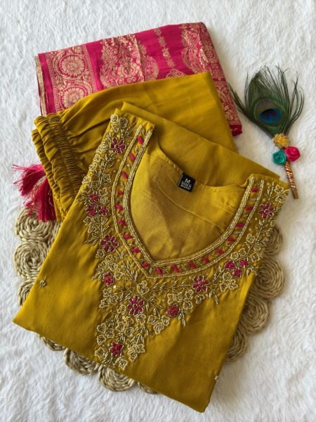 Mustardyellow Roman Silk  Suit For Women In Affordable Price  3 Piece Kurti Set