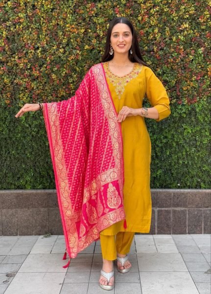 Mustardyellow Roman Silk  Suit For Women In Affordable Price  3 Piece Kurti Set