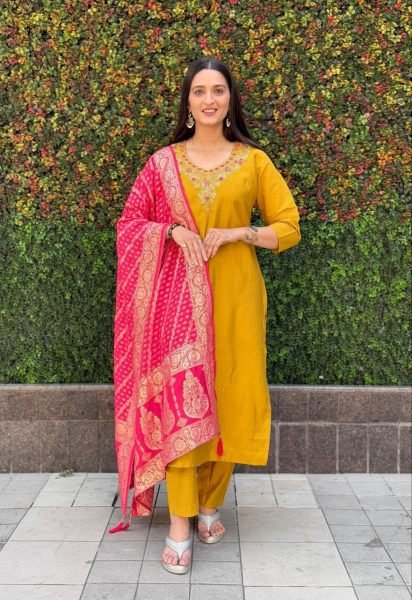 Mustardyellow Roman Silk  Suit For Women In Affordable Price  3 Piece Kurti Set