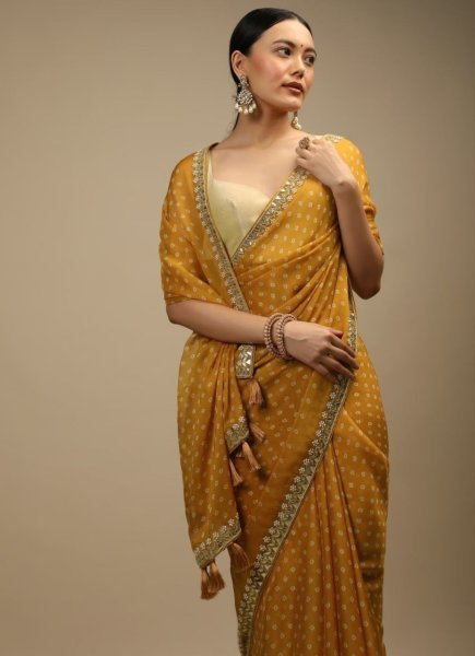 Musterd Yellow Chinon Printed Sequence Saree Designer Wedding Sarees Wholesale