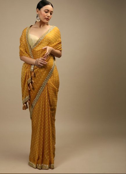 Musterd Yellow Chinon Printed Sequence Saree Designer Wedding Sarees Wholesale