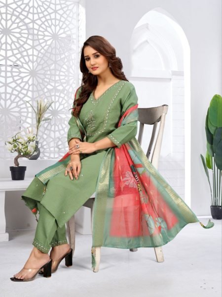muted green viscose kurti set with jacquard dupatta designer 3pc wear for Wedding Wear 3 Piece Kurti Set