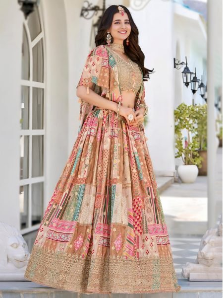 Muted Peach Embroidered Lehenga in Chinnon Silk Perfect for Destination Weddings Designer Lehenga Choli
