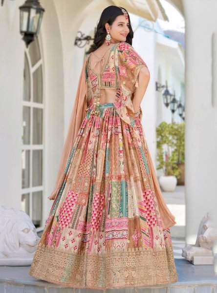 Muted Peach Embroidered Lehenga in Chinnon Silk Perfect for Destination Weddings Designer Lehenga Choli