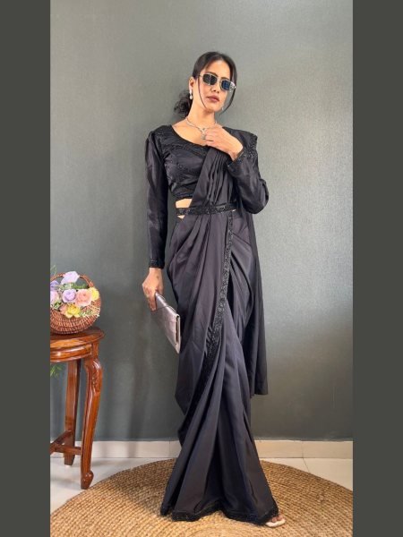Natural Silk Ready To Wear Saree with Hand Embroidered Blouse & Waist Belt Wholesale from Surat 