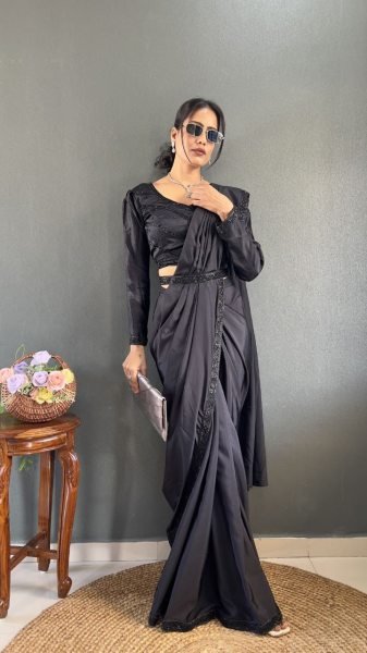 Natural Silk Ready To Wear Saree with Hand Embroidered Blouse & Waist Belt Wholesale from Surat Ready To Wear Saree 