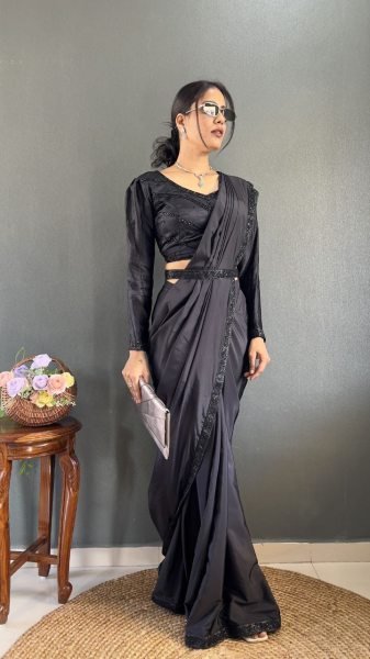 Natural Silk Ready To Wear Saree with Hand Embroidered Blouse & Waist Belt Wholesale from Surat Ready To Wear Saree 