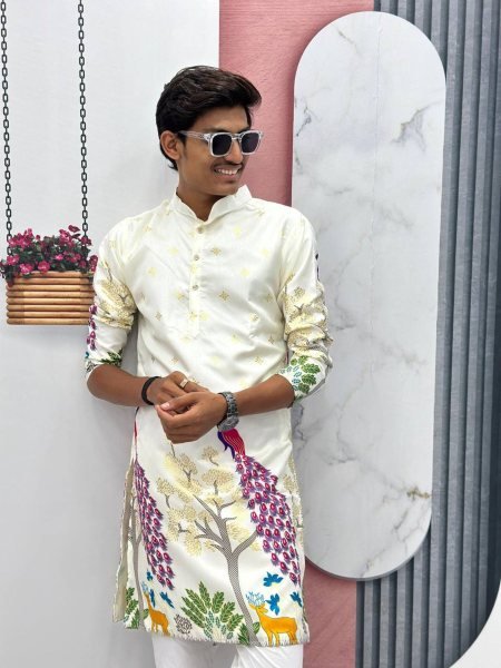 Nature-Inspired Printed Kurta in Soft Dola Silk Ideal for Day Functions