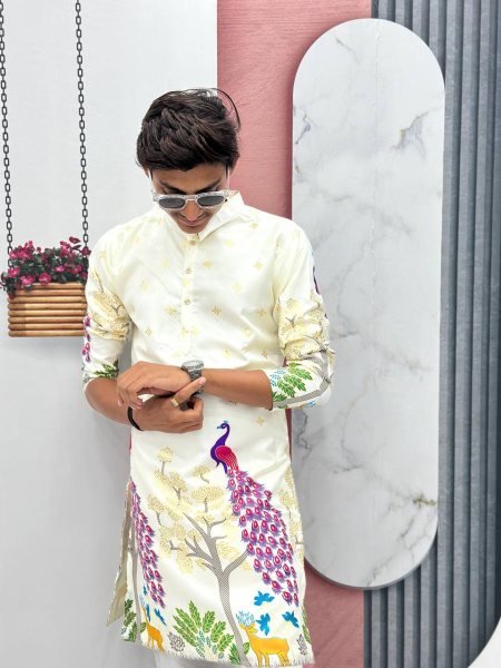 Nature-Inspired Printed Kurta in Soft Dola Silk Ideal for Day Functions Kurta Pajama Wholesale
